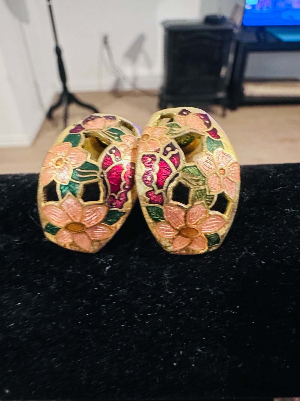 Vintage Cloisonne Enamel Butterfly and Flower Domed Hoop Earrings Gold Tone